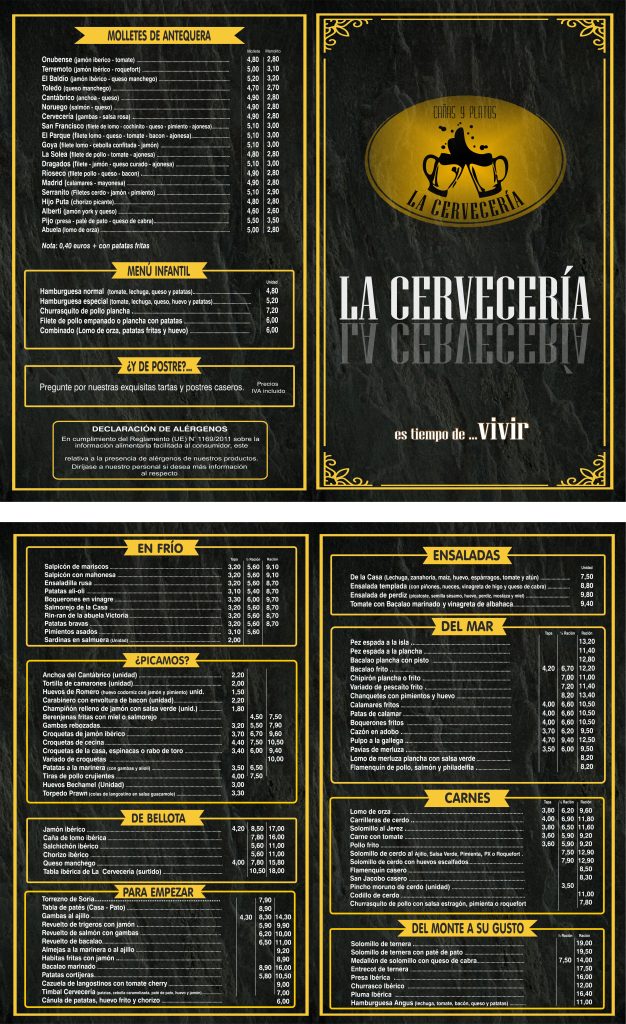 Carta del restaurante café La cervecería Palma del Río